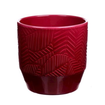 Pot de fleurs BIHAM, céramique, motif feuilles, rouge rubis, 13,2cm, Ø13,5cm