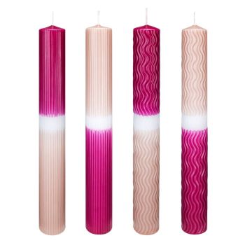 Bougies longues Dip Dye YOUNA avec des rainures, lignes ondulées, 4 pièces, nude-fuchsia, 25cm, Ø3cm, 16h