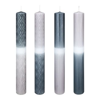 Bougies longues Dip Dye YOUNA avec des rainures, lignes ondulées, 4 pièces, gris-argent, 25cm, Ø3cm, 16h