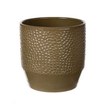 Pot de fleurs BIHAM, céramique, motif martelé, vert olive, 13,2cm, Ø13,5cm