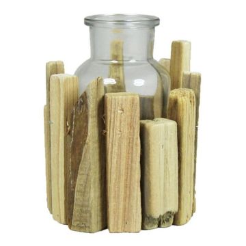 Bouteille de verre LORRIE avec support en bois, transparent, 12x12x13cm