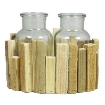 Bouteilles en verre LORRIE avec support en bois, 2 verres, transparent, 18x12x13cm