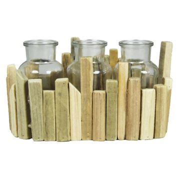 Bouteilles en verre LORRIE avec support en bois, 3 verres, transparent, 25x12x13cm