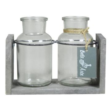 Bouteilles en verre LORRIE avec support en bois, 2 verres, transparent, 18x8x13cm