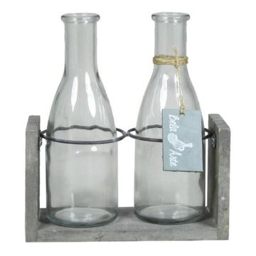 Bouteilles en verre ANYA avec support en bois, 2 verres, transparent, 18x8x20cm