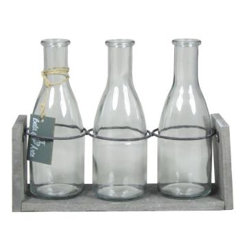 Bouteilles en verre ANYA avec support en bois, 3 verres, transparent, 25x8x20cm