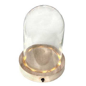 Cloche en verre BENIGNA avec LEDs, fond en bois, transparent, 25cm, Ø17cm