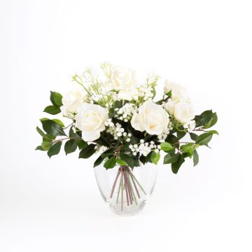 Bouquet artificiel AMELIE, roses et gypsophile, blanc, 45cm, Ø40cm